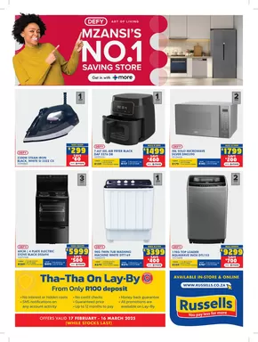 Russells catalogue in Ventersdorp | DEFY RUSSELLS LEAFLET | 2025-02-17T00:00:00.000Z - 2025-03-16T00:00:00.000Z